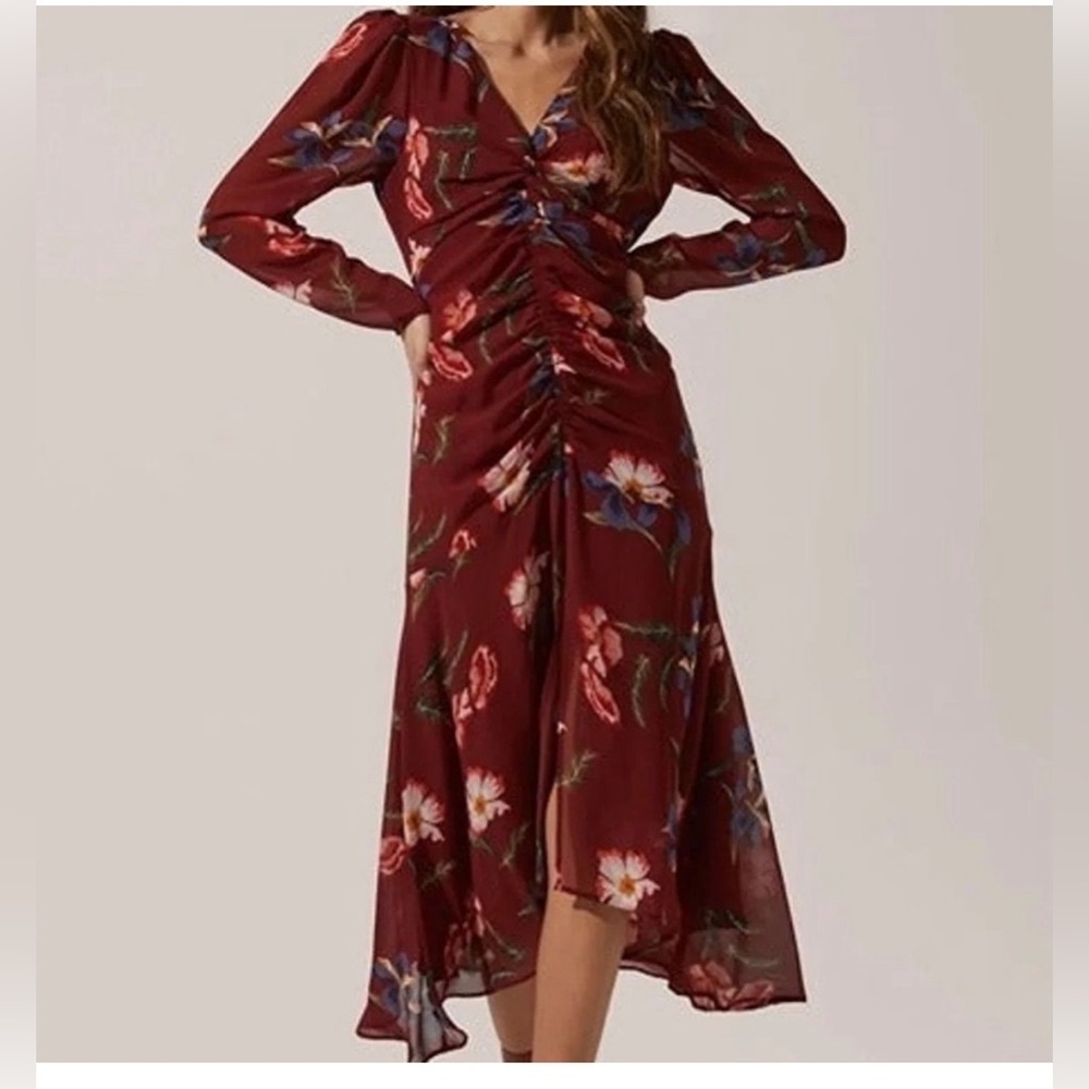 ASTR The Label Hi-Lo Ruched Front Midi Dress Floral Print Size Small